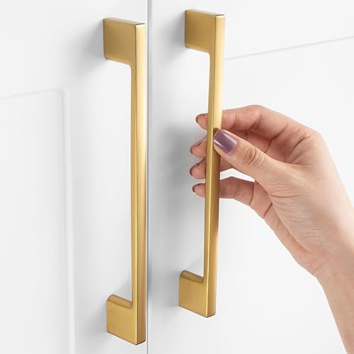 ASKANO ZP2205 - Tirador para gabinete de cocina de pie ancho de 6-14 pulgadas, color dorado cepillado ZP2205  Paquete de 10, herrajes sólidos para