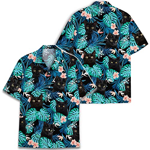 Tropical Black Cat Hawaiian Shirts For Men Women, Funny Black Cat Short Sleeve Button Down Shirt #TOP1