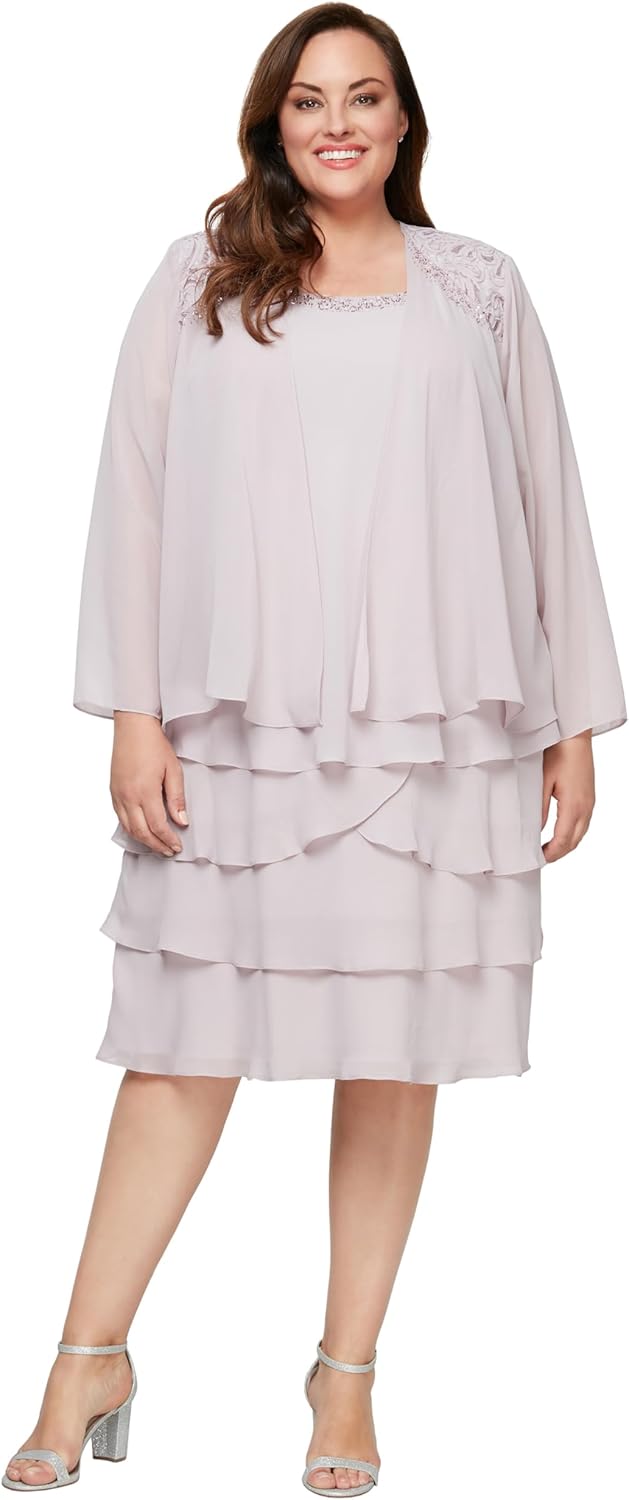 S.L. Fashions Women's Mother of The Bride Tiered Jacket Dress with Shoulder Embellishment