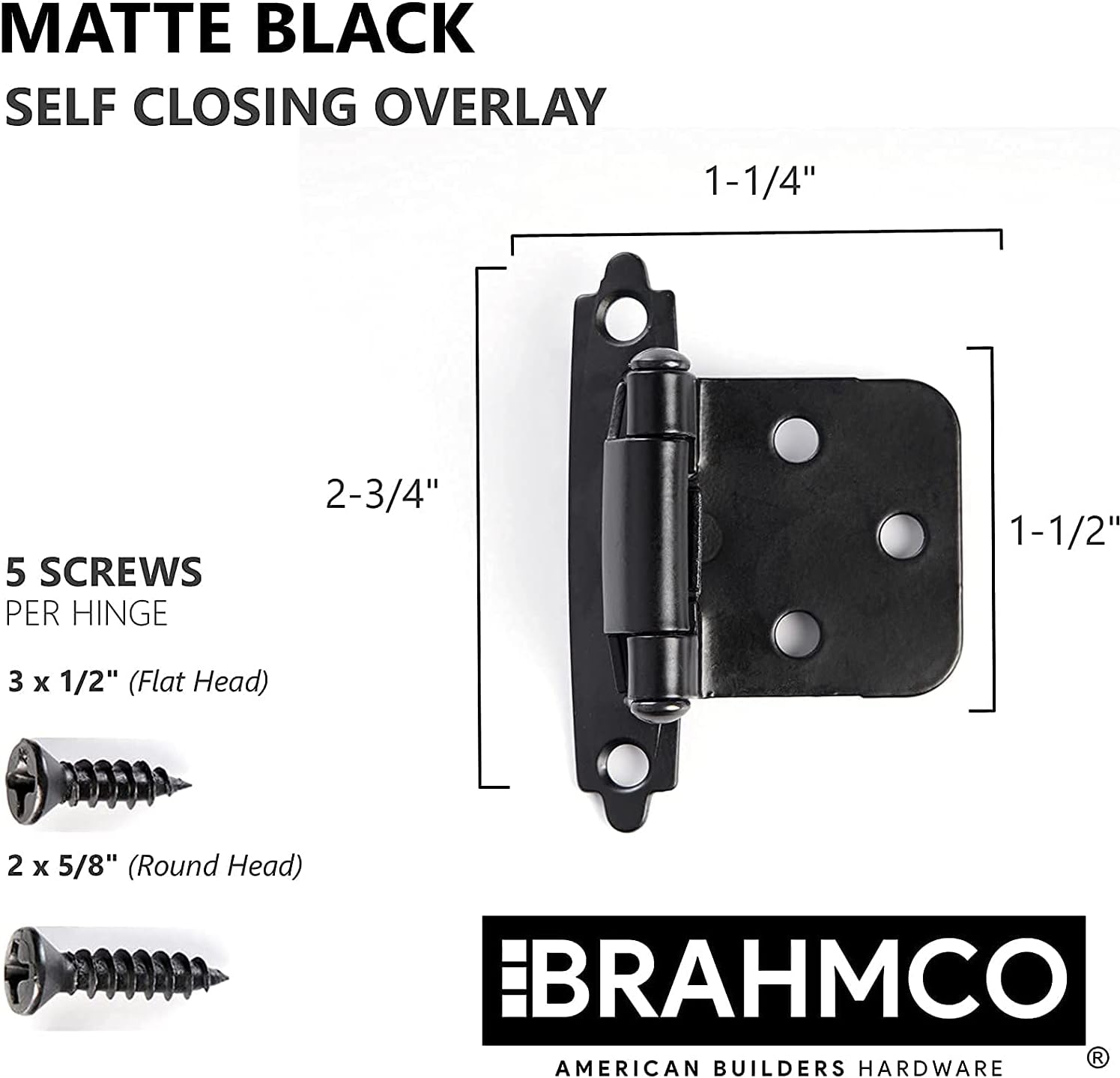 Brahmco 10 Pack | Matte Black Kitchen Cabinet Door Hinges: Self Closing 1/2 Inch Overlay, Face Frame Flush Mount