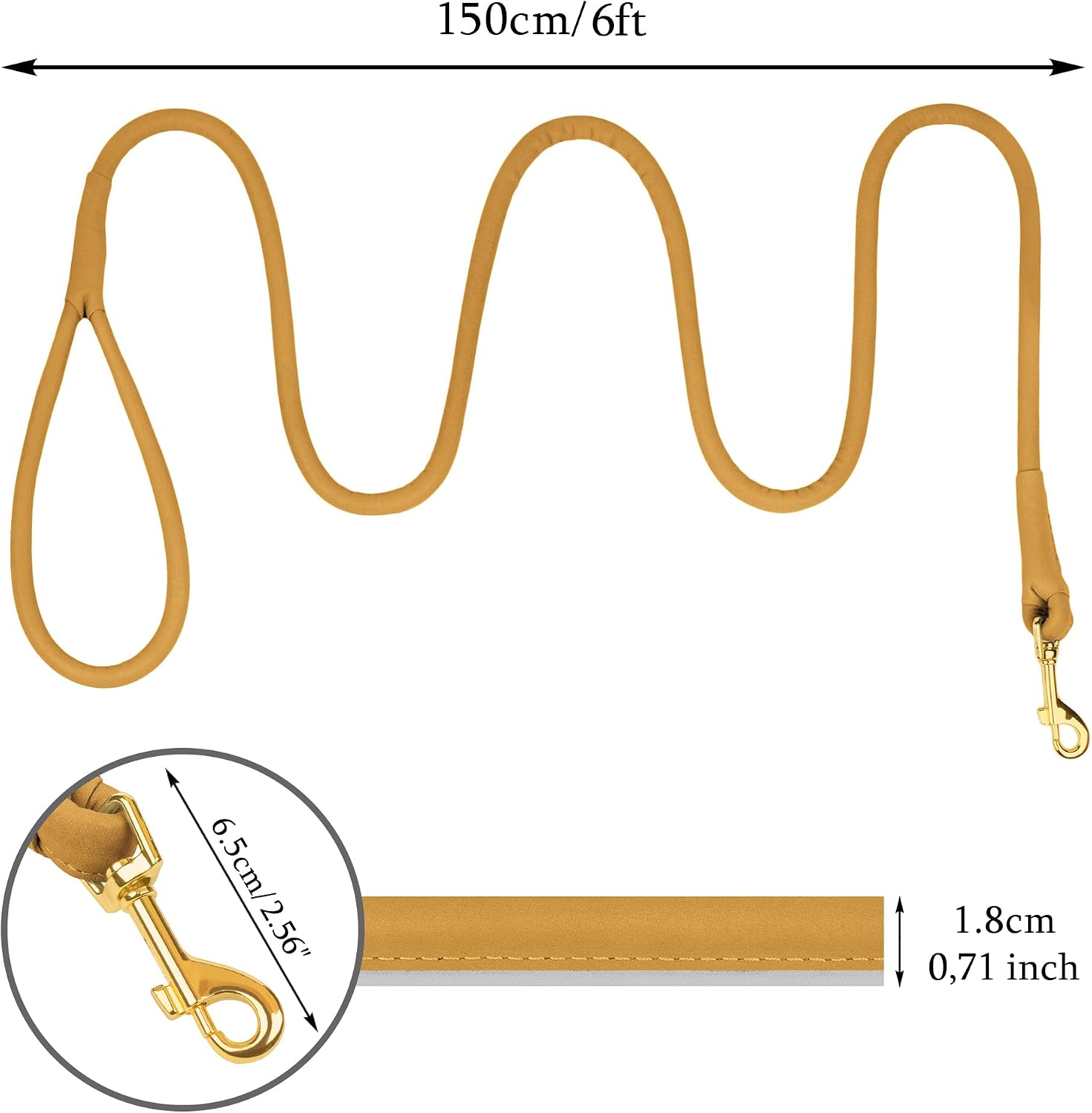 OOPSDOGGY Reflective Rolled Leather Dog Leash 6ft - Soft Training Lead for Small Medium Large Dogs Puppy - Heavy Duty Rope Puppies Leashes for Outdoor Walking Running (Camel, Medium/Large)