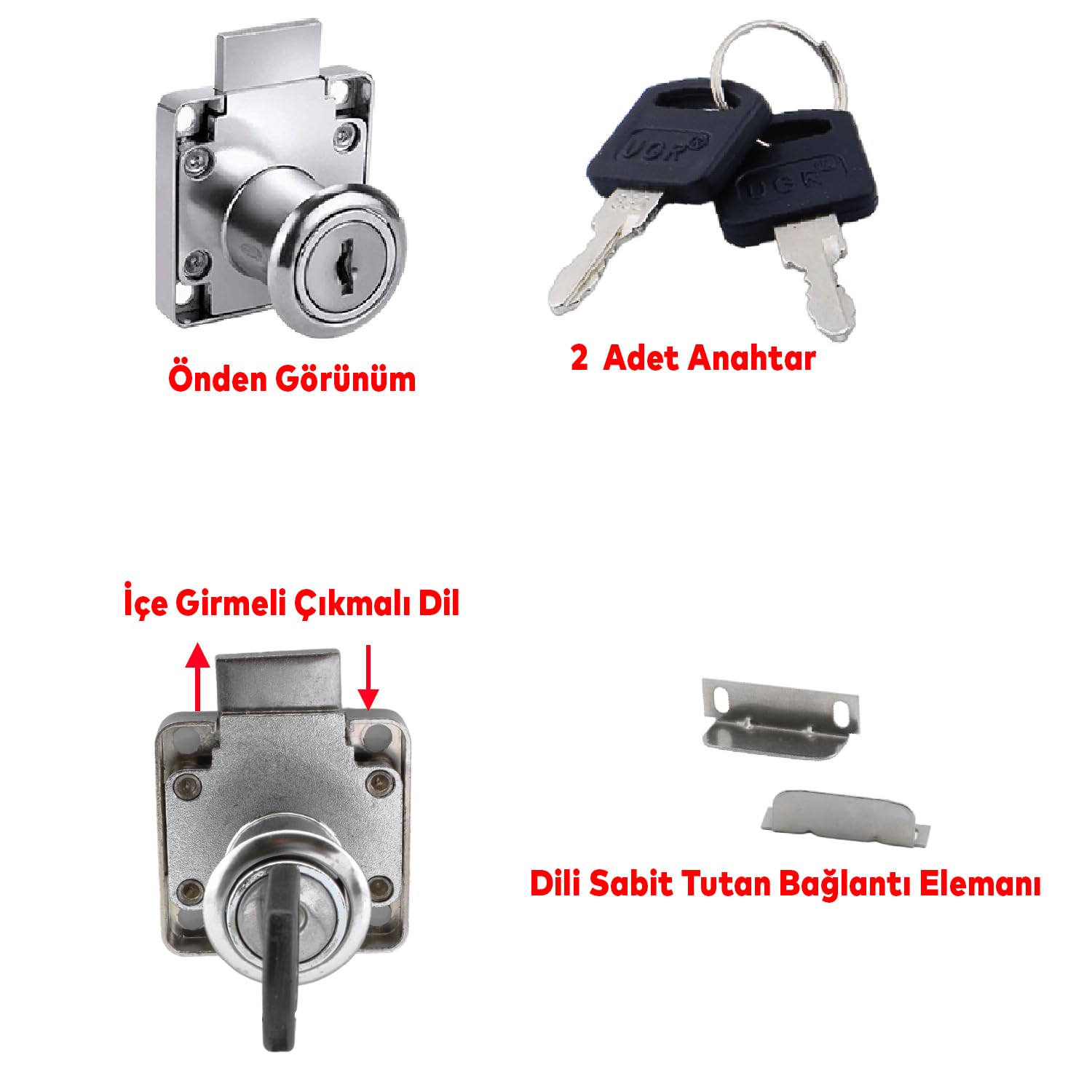 Badem10 Ugr Kare Mobilya Çekmece Dolap Kilidi Nikel Krom 2 Anahtarlı Kilit 4x4 cm 22 mm