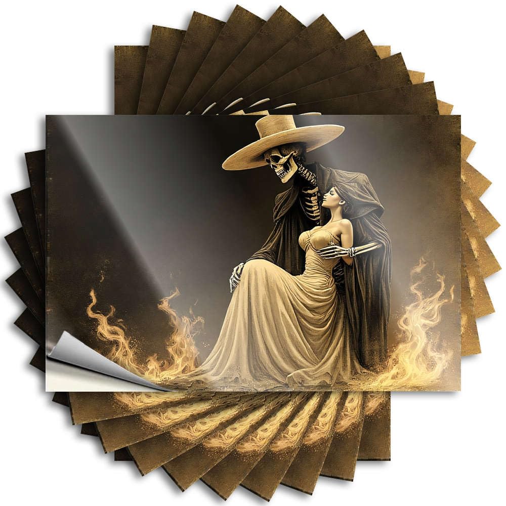 Summer Sticker Aesthetic Decals, Stuff for Teens Cute Pattern Design for Fishing Notebook | Hat Removable Vinyl A Skeletal Figure in A Cowboy Hat Embraces A Woman in Flames(8X12CM)