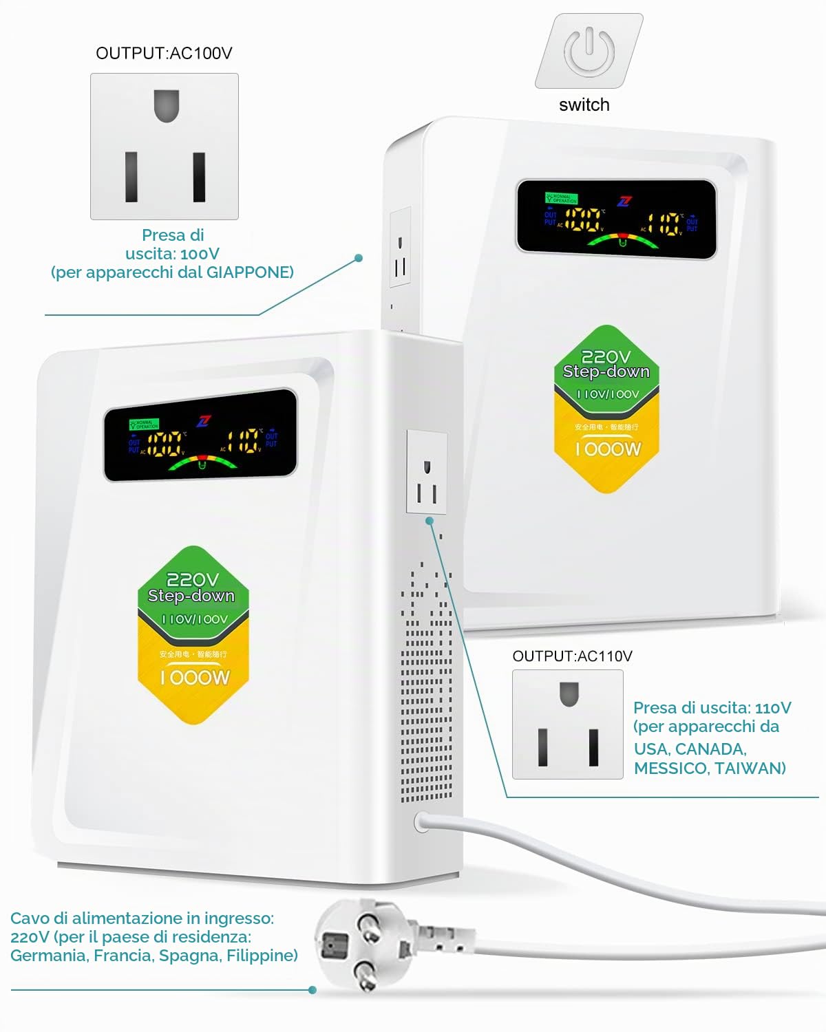 ZHENGXI ELECTRIC Trasformatore 220v 110v, 1000VA convertitore step down da 220V a 110V