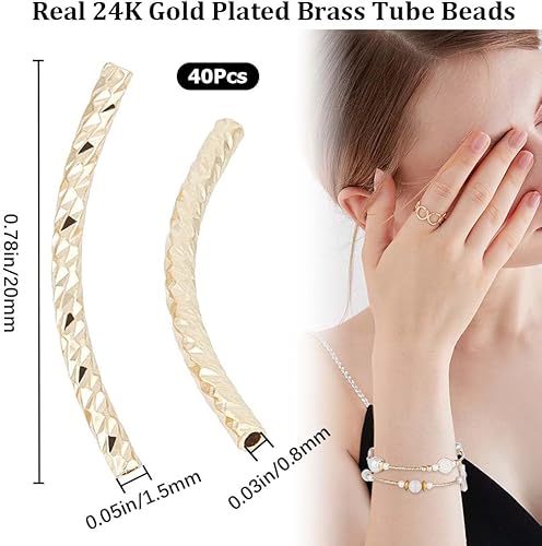 Miniatura 7 de CREATCABIN 80 cuentas de tubo curvadas de metal lisas de fideos chapados en plata de ley 925, conectores espaciadores largos curvos de latón a