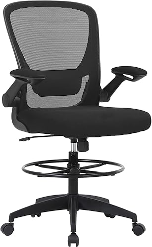 PayLessHere Silla de dibujo alta para oficina, silla de escritorio de pie con anillo ajustable para el pie, brazos abatibles y soporte lumbar, silla