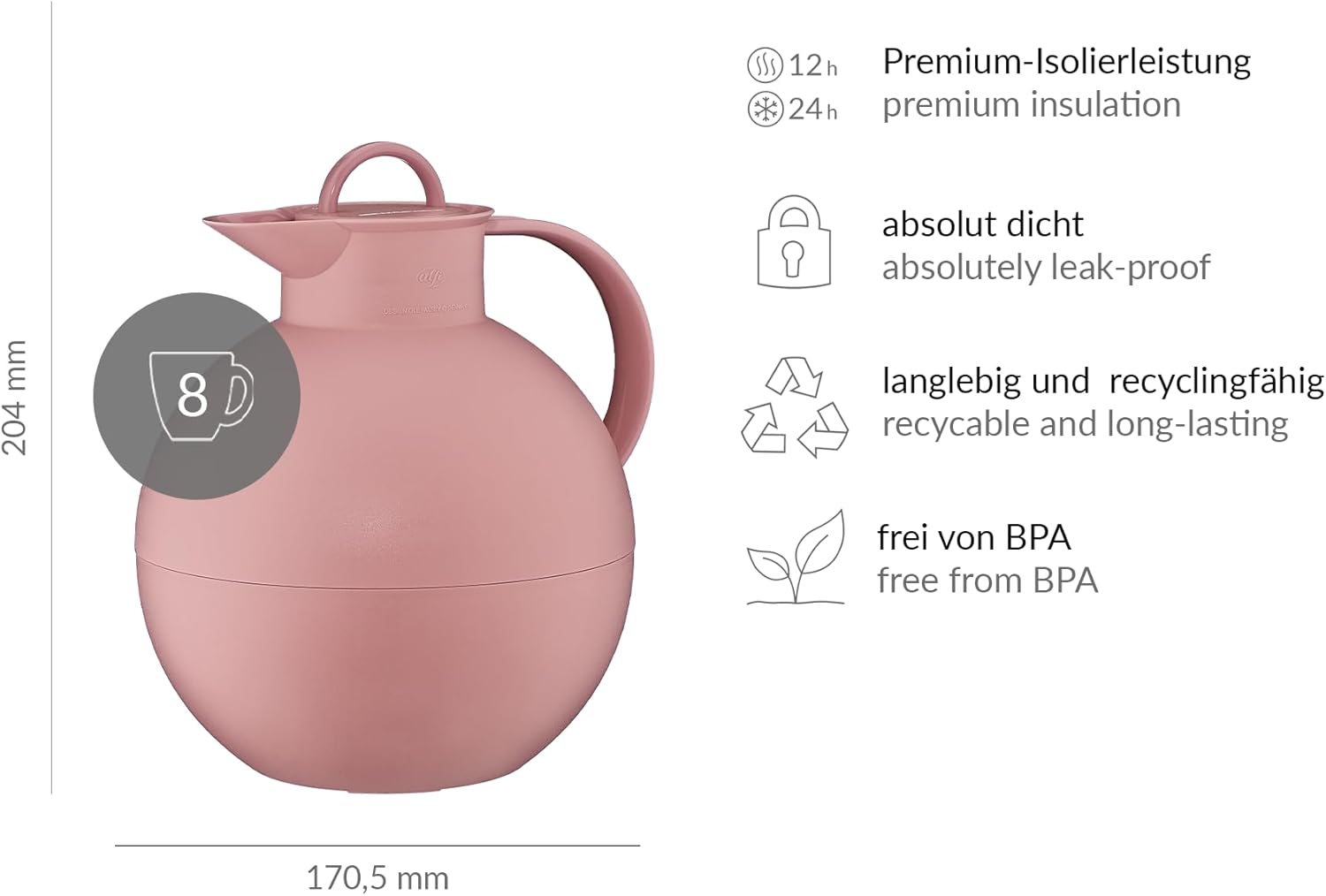 alfi Ball 0.94 l, old pink, insulated jug with alfiDur vacuum tempered glass insert, 12 hours hot / 24 hours cold, absolutely tight screw cap, designer piece, thermal jug, coffee pot, teapot, BPA-free