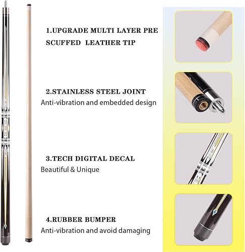 Miniatura 3 de Juego de palos de billar profesionales de 58" - Mango de arce canadiense con envoltura de lino irlandés, punta de cuero de 13 mm, junta de latón