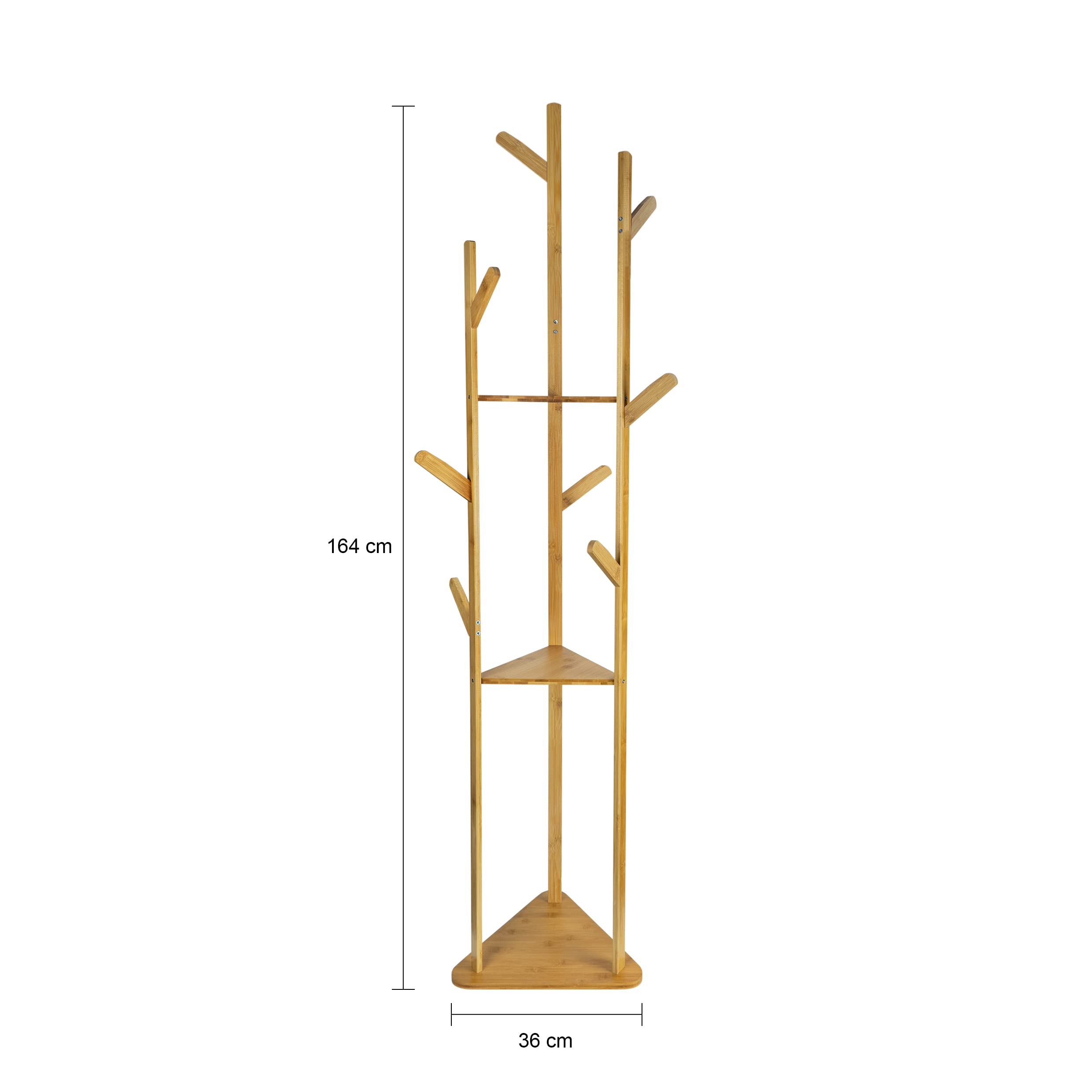 QUVIO Appendiabiti da Terra, Attaccapanni, con 3 ripiani e 9 ganci, Base in Piastra Quadrata, Stand Appendiabiti per Ingresso, Corridoio, Entrata, Legno, 32,5 x 36 x 164 cm (Marrone chiaro)