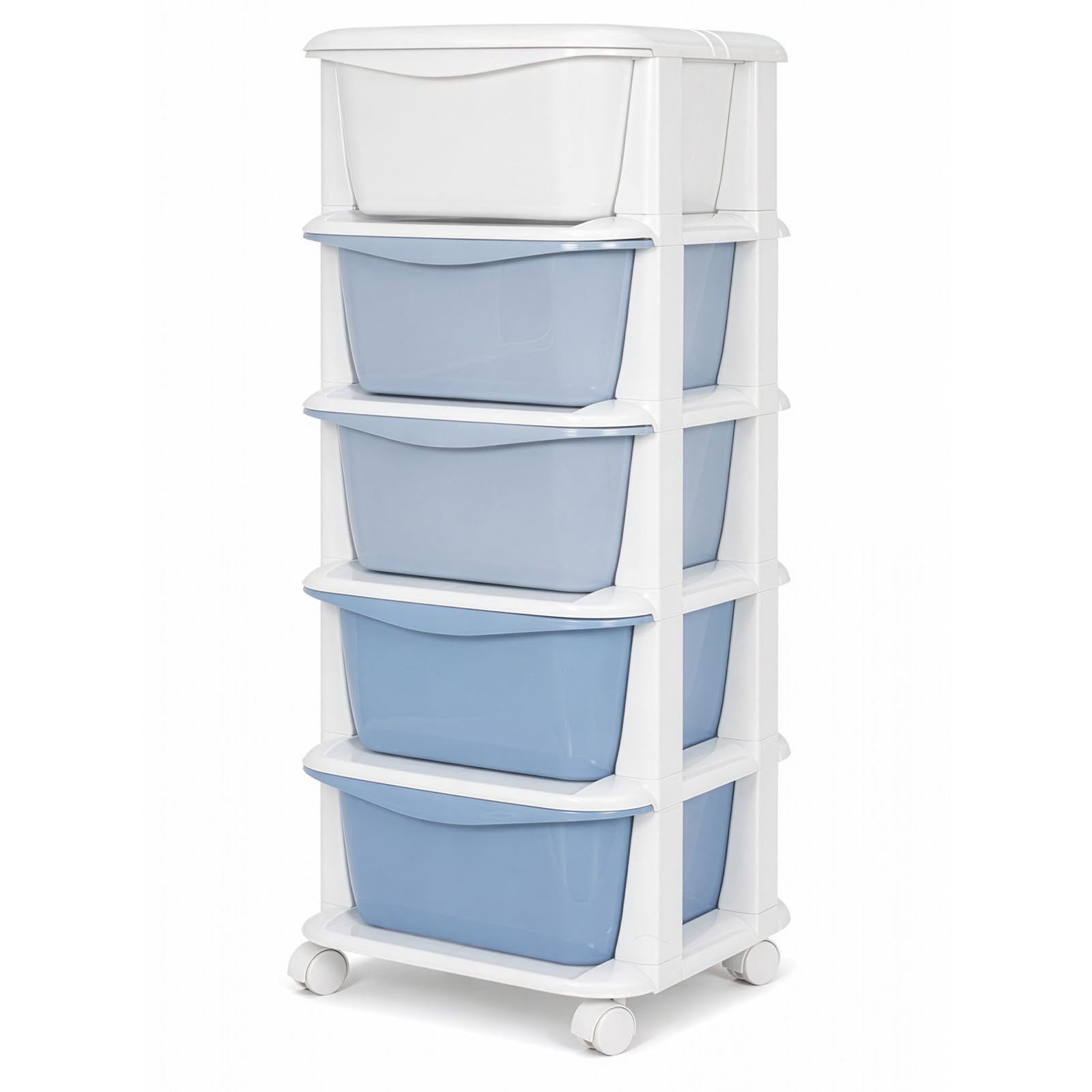GREENSAPPIRE Kids Storage Organizer with 5 Drawers, Slim Plastic Vertical Storage Chest with Wheels, Space-Saving 5-Tier Toy & Clothes Storage for Playroom, 36×36×89cm (Blue,White)