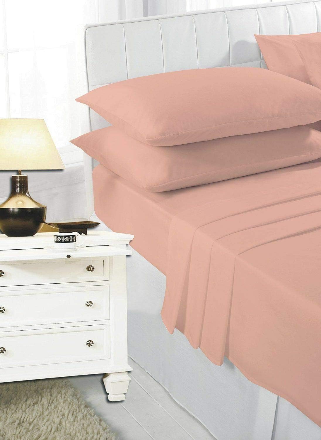 ComfyTrends 4 Piece Plain Bed Sheets Set In 22 Colors - (Flat Sheet + Fitted Sheet + Pair Of Pillow Cases) - Easy Care Non-Iron Poly Cotton Fabric (Peach, King - Sheets Set)