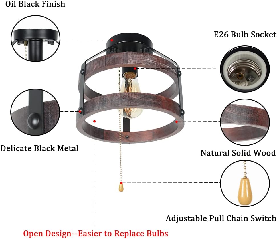 Farmhouse Flush Mount Ceiling Light with Pull Chain, 1-Light Small Wood Rustic Close to Ceiling Light Fixture Pull String Country Home Lighting Edison E26 8060PC