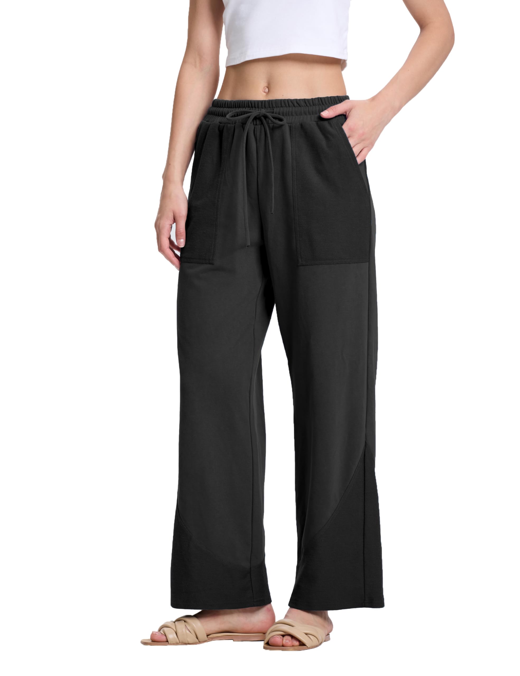 Womens Wide Leg Palazzo Pants with Elastic Drawstring Waist and Pockets - Casual Lounge Sweatpants