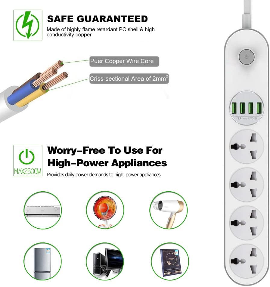 Universal Power Strip with USB Ports, FANLIDE Extension Cord with Multiple outlets, 4 Outlets 4 Smart USB, 6.5ft Power Cord, 2500W Circuit Breaker, Child Safe Door, fit for Cruise Ship, Dorm Room
