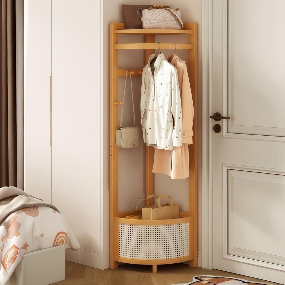 Corner Clothes Rack with Laundry Basket, Freestanding Coat Rack with Hooks, Wooden Corner Hall Tree with Storage Shelf for Bedroom, Entryway, Small Spaces(Brown)