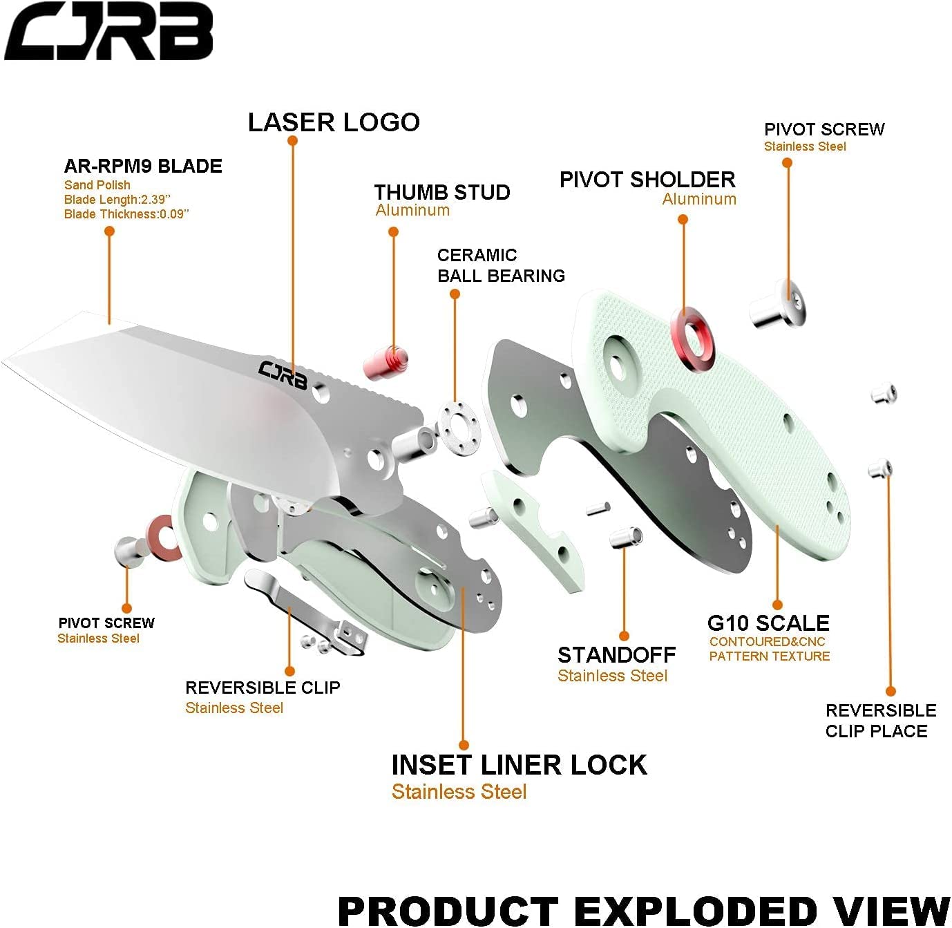 CJRB Crag Klappmesser – 8,7 Cm Klinge Aus AR-RPM9-Stahl, Kohlefaser-Griff, Mit Clip Für EDC, Camping & Outdoor