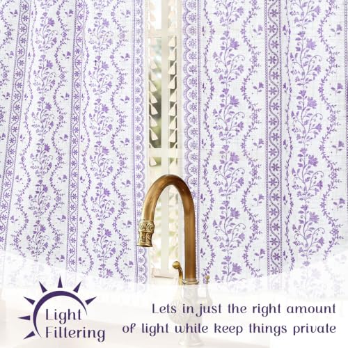 Image of Yinhua Boho Kitchen Curtains 36 Inch Length Vintage Linen Cafe Curtains Light Filtering Bohemian Floral Tier Rod Pocket Farmhouse Rustic Tassel Small Drapes with Tiebacks, 2 Panels, White Purple