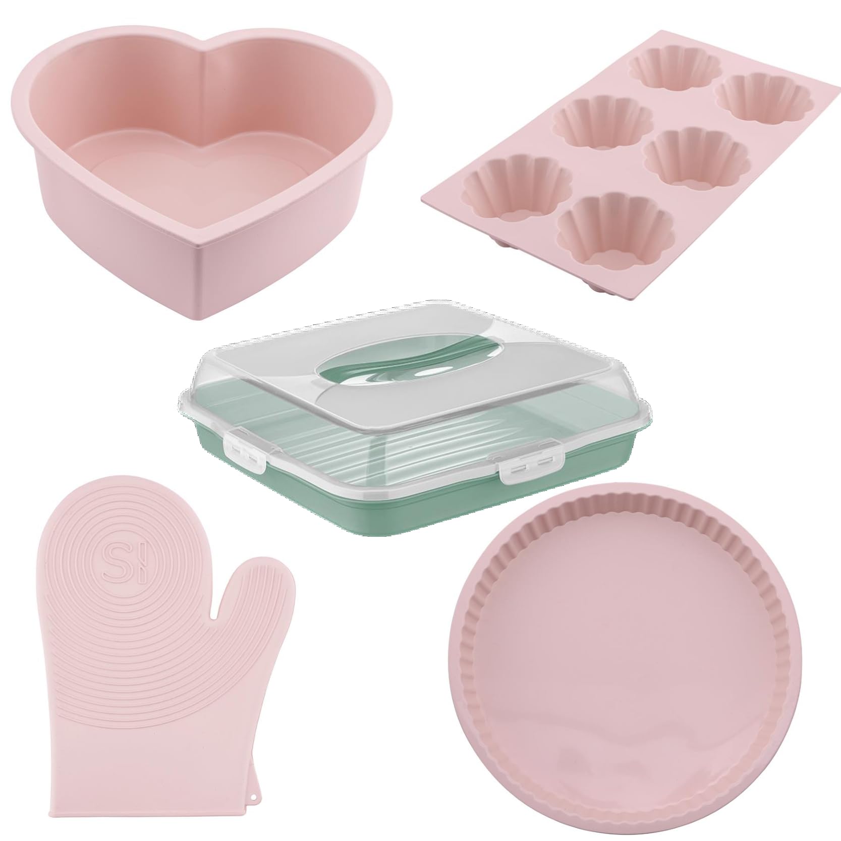 Ensemble de Cuisine en Silicone 5 pièces – Moule en Forme de Cœur, Moule à Tarte Classique, Moule 6 Cavités pour Muffins, Mitaines de Four Chef et Boîte de Transport pour Gâteau - Écologique (Rose)