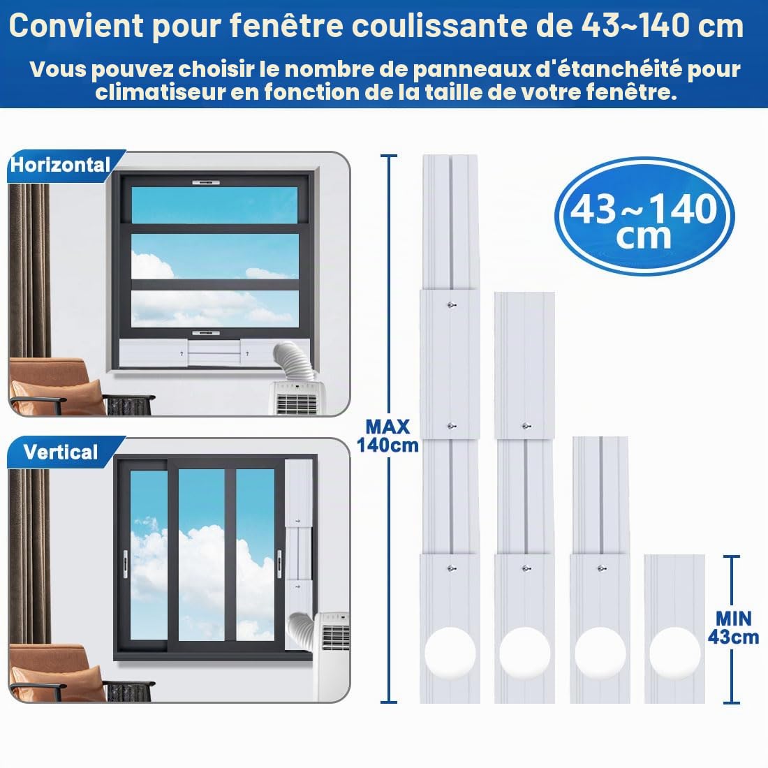 Kit d'évent de fenêtre de climatiseur - pour Tuyau d'évacuation de 13cm et 15cm, pour fenêtre Verticale et Horizontale de 43-140cm, Adaptateur de Tuyau d'évent de climatiseur - sans Tuyau