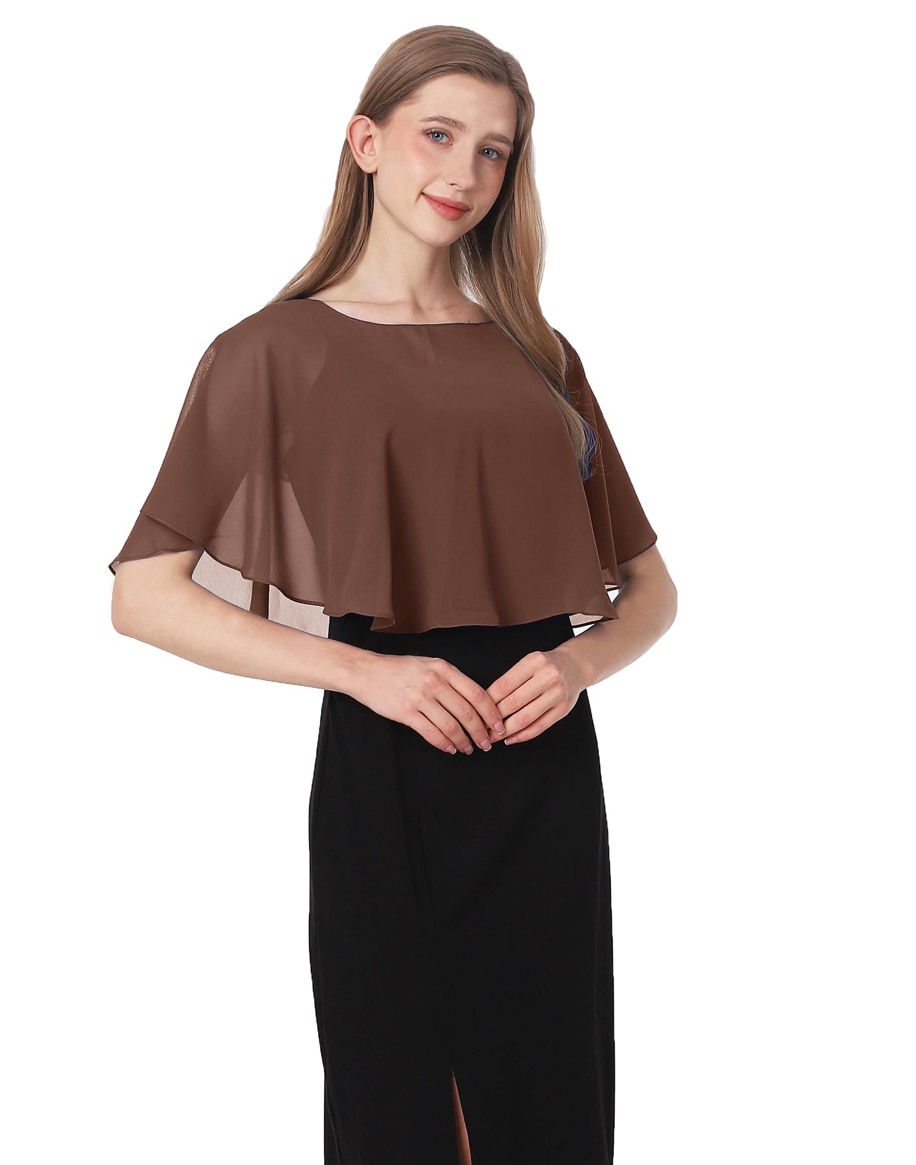 Wedding Capes Bridal Capelet Chiffon Lace Shrug Shawls and Wraps for Evening Dress, Brown, One Size