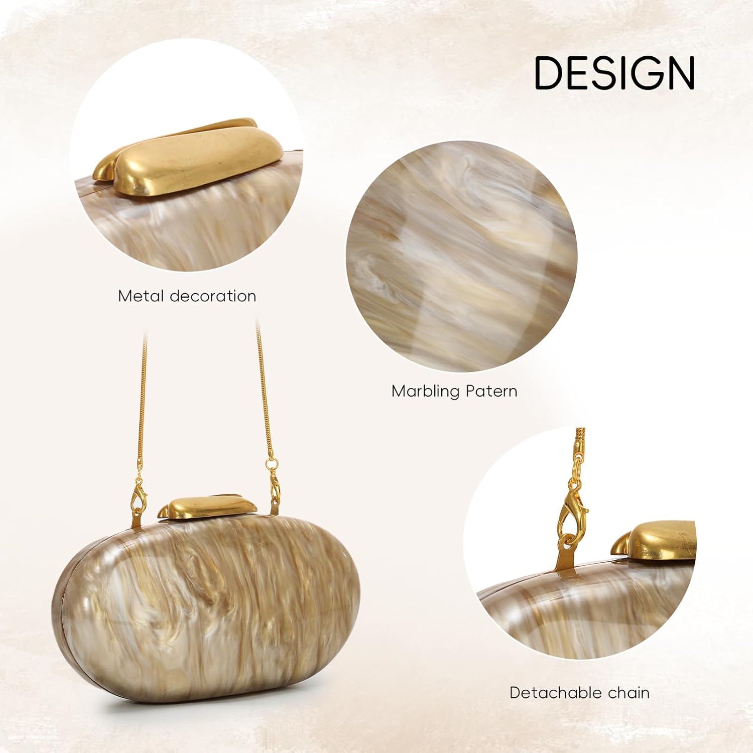 Oweisong Acrylic Evening Clutch for Women Formal Oval Shell Handbag | Marble Seashell Bag, Small Capacity, Chain Shoulder Bag, Formal Evening Bag, Wedding Bride Purse