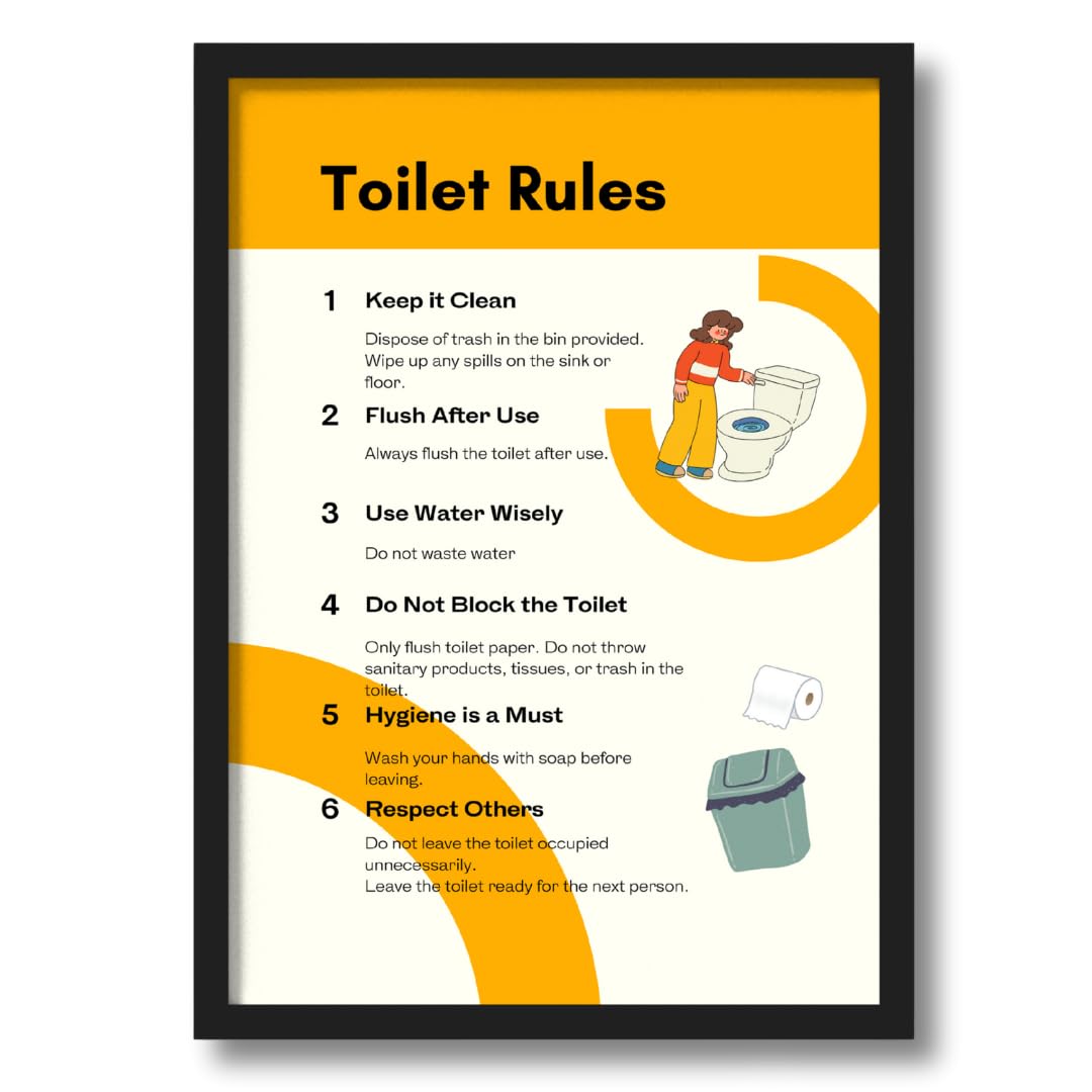 Toilet Rules Wall Frame Poster | Washroom Etiquette Decor for Home, Office | A4 Size | Framed Hygiene Sign | Useful Housewarming Gift for Cafe, Restaurants & Public Spaces-image-12