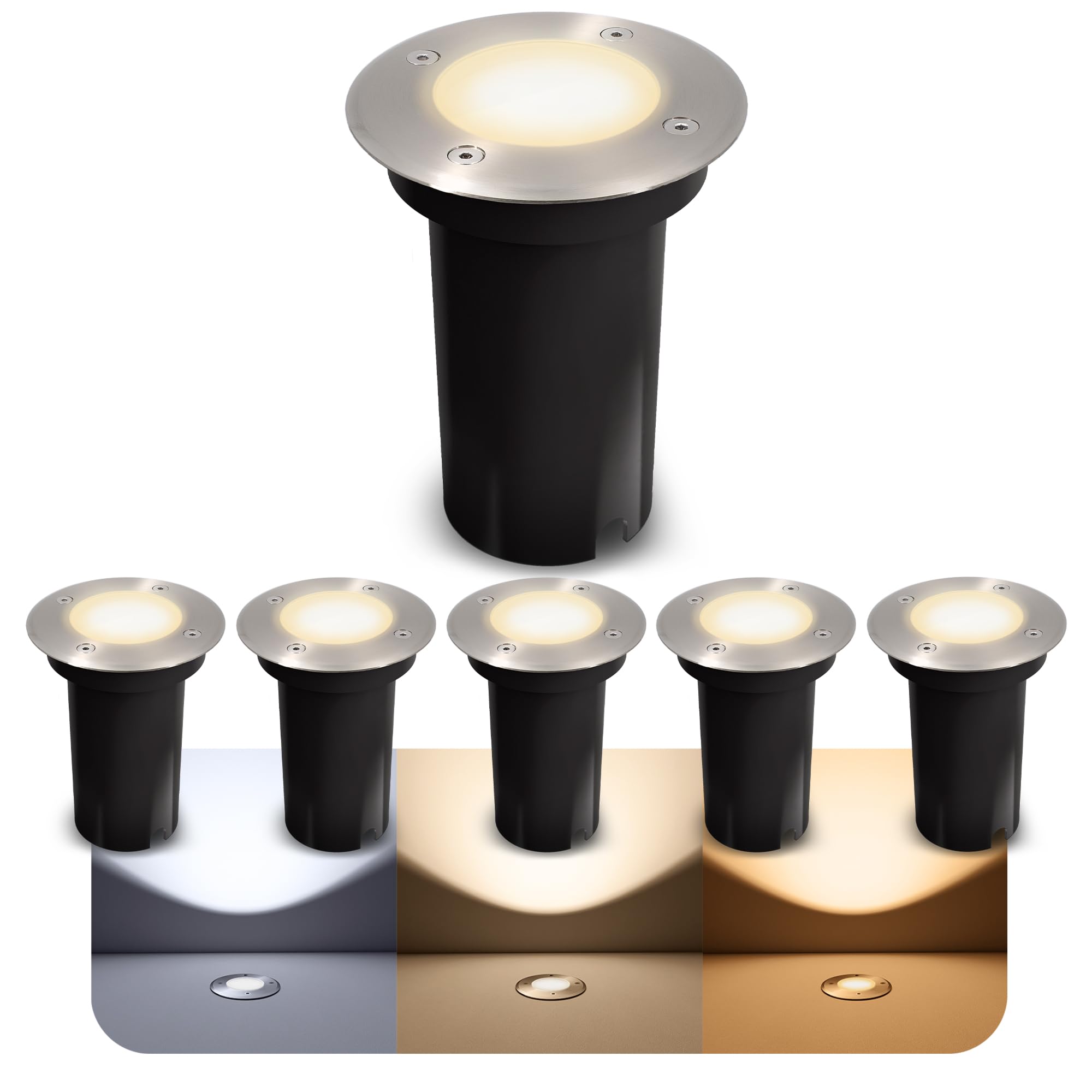 SSC-LUXon 6er Set KALPA LED Bodenleuchte rund silber gebürstet GU10 3W drei einstellbaren Lichtfarben 3CCT IP67 Bodeneinbaustrahler regenfest & befahrbar