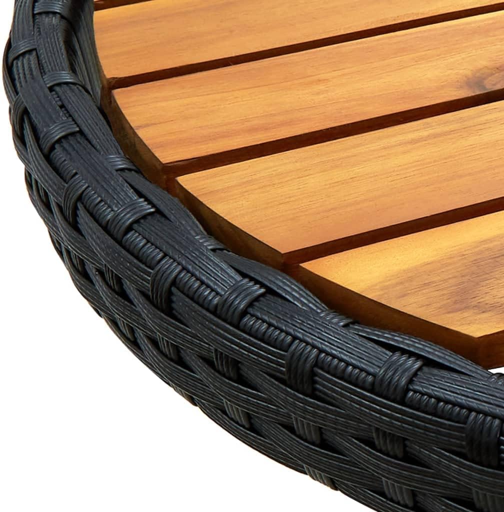 Black PE Rattan Small Foldable Round Tea Table with Acacia Wood Top, Compact Patio Side Table for Outdoor Balcony, Bistro Set Outdoor for One Person Relaxation