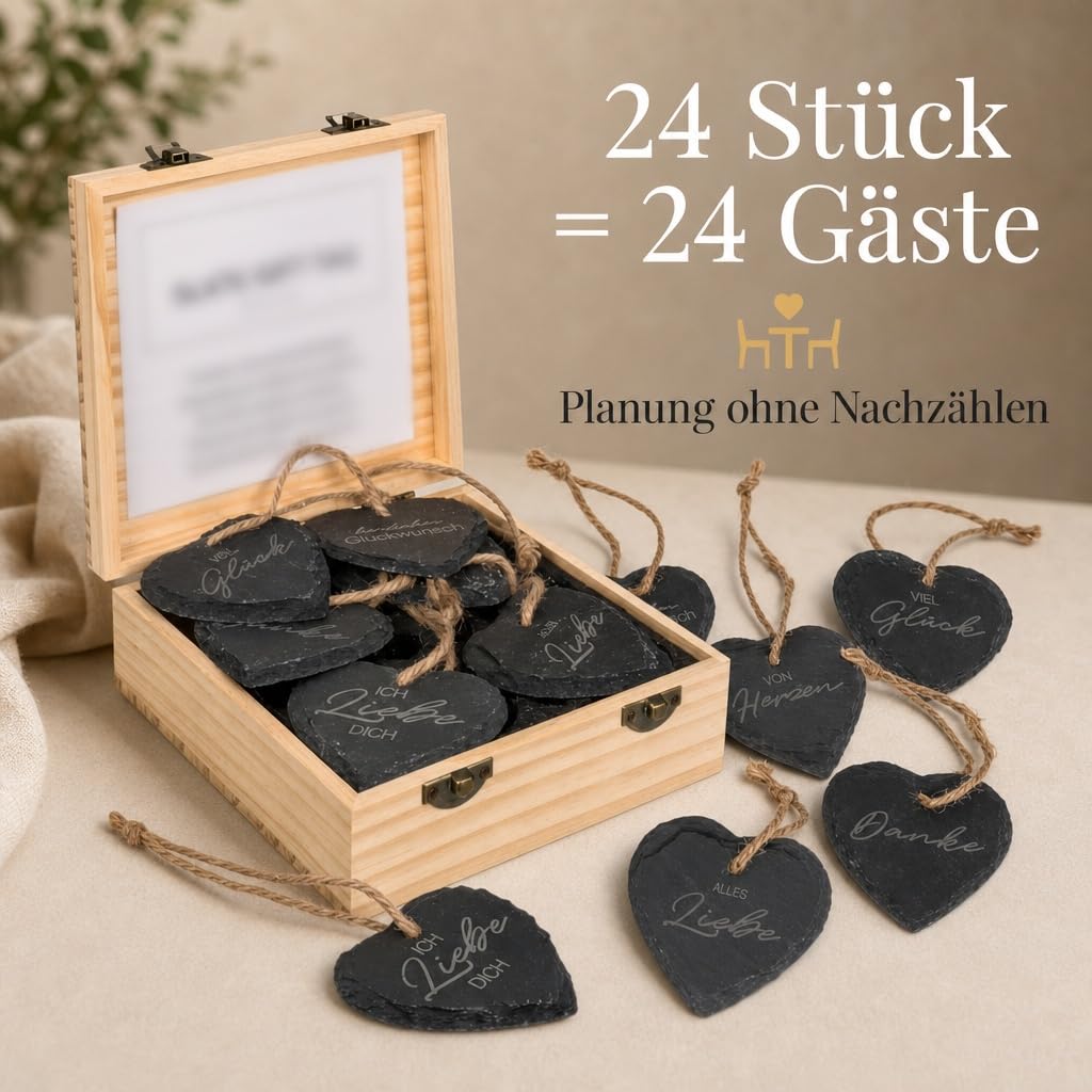 MIJOMA Schiefer Herzanhänger 24er Set – Gravierte Geschenkanhänger mit 6 Sprüchen – 7x7 cm – In Holzbox – Perfekt für Mitbringsel & Dekoration