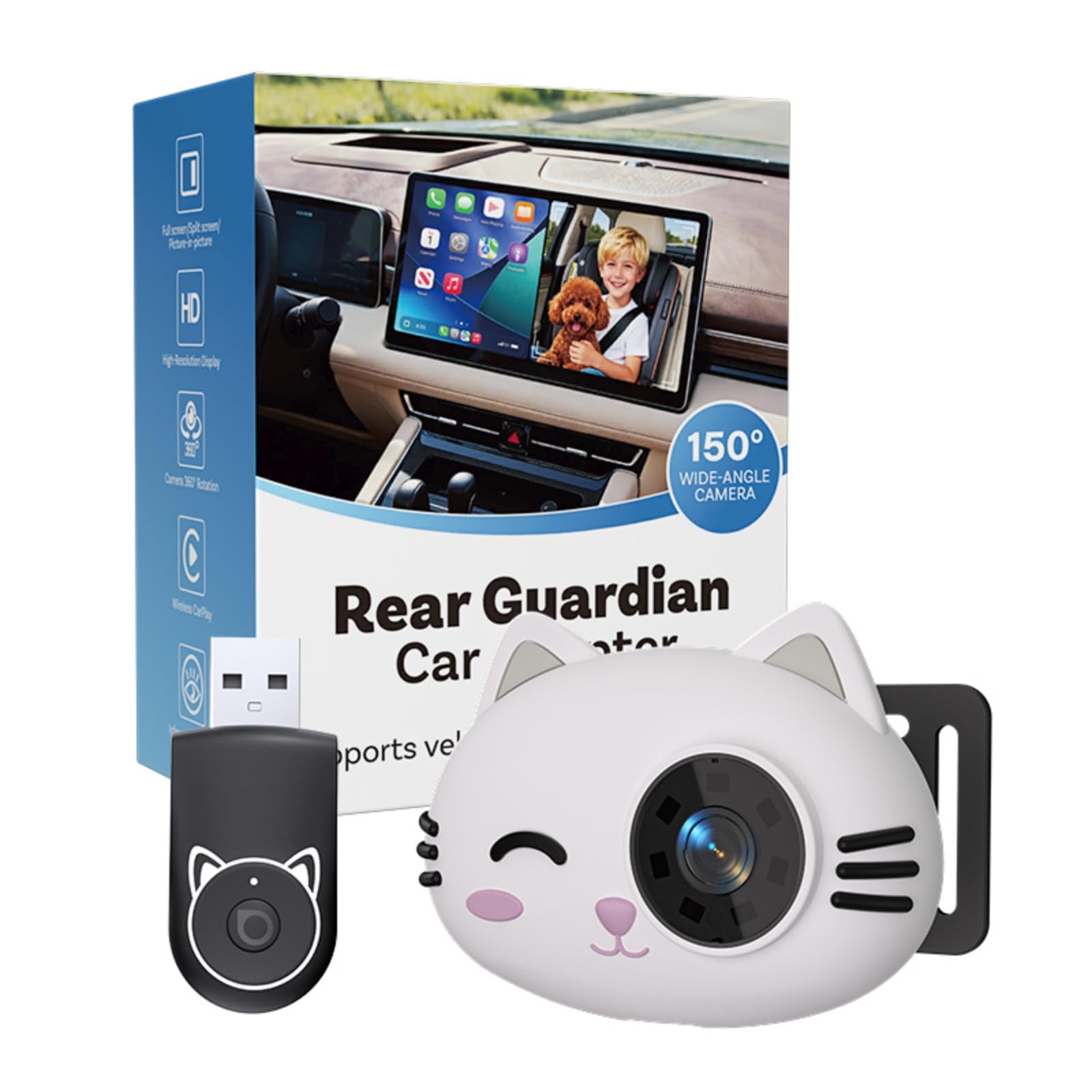 Cabin Care, Adattatore CarPlay Wireless con Fotocamera 2026, Macchina Fotografica Bambino Auto, Baby Monitor CarPlay su Schermo Originale, Schermo Condiviso & PiP, Visione Notturna 1080P, Grande