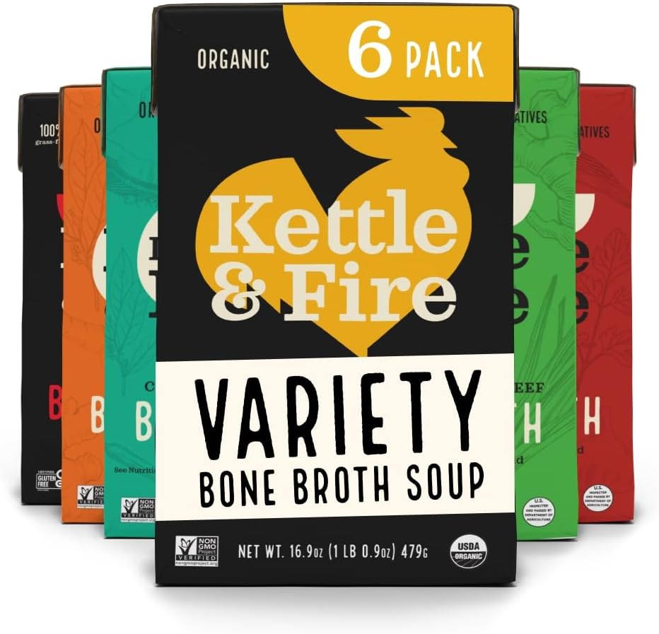 Bone Broth Variety Pack by Kettle and Fire, Pack of 6, Beef, Chicken, Chipotle Beef, Lemongrass Ginger Beef, Coconut Curry & Lime Chicken, and Turmeric Ginger Chicken Bone Broths, Protein