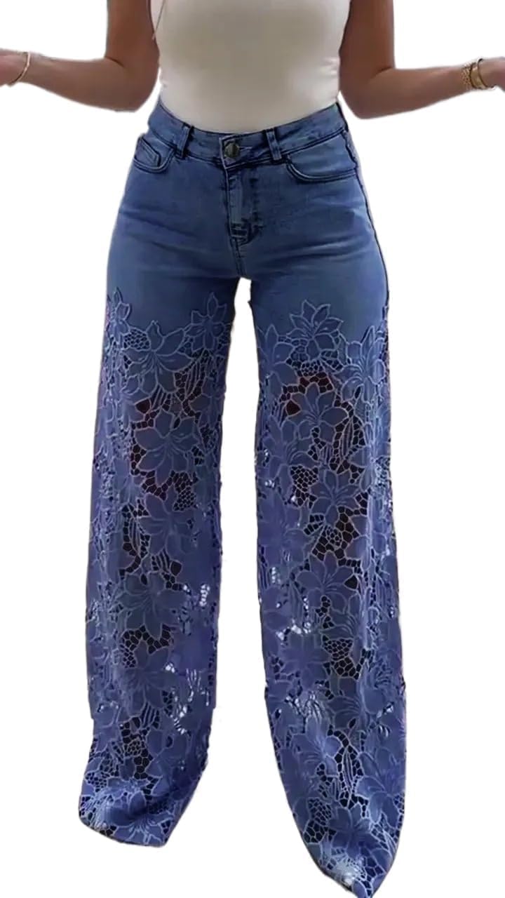 Women's Lace Patchwork Hollow Jeans, High Waisted Straight Wide Leg Hollow Out Baggy Stetch Denim Pants with Pockets