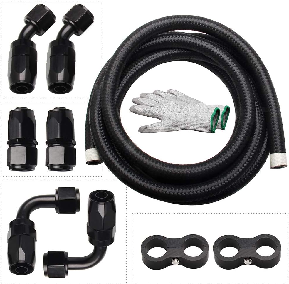 Top10 Racing 12AN 10Ft Fuel Line Fitting Kit Nylon Braided CPE Oil Hose Universal with 6 Fitting and 1 Pair Protective Gloves - Black