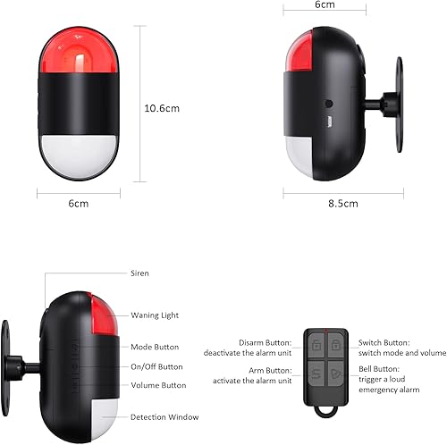 Miniatura 6 de Alarma con sensor de movimiento en interiores alarma inalámbrica con detector de movimiento con sirena y estroboscópica (125 dB, control remoto de