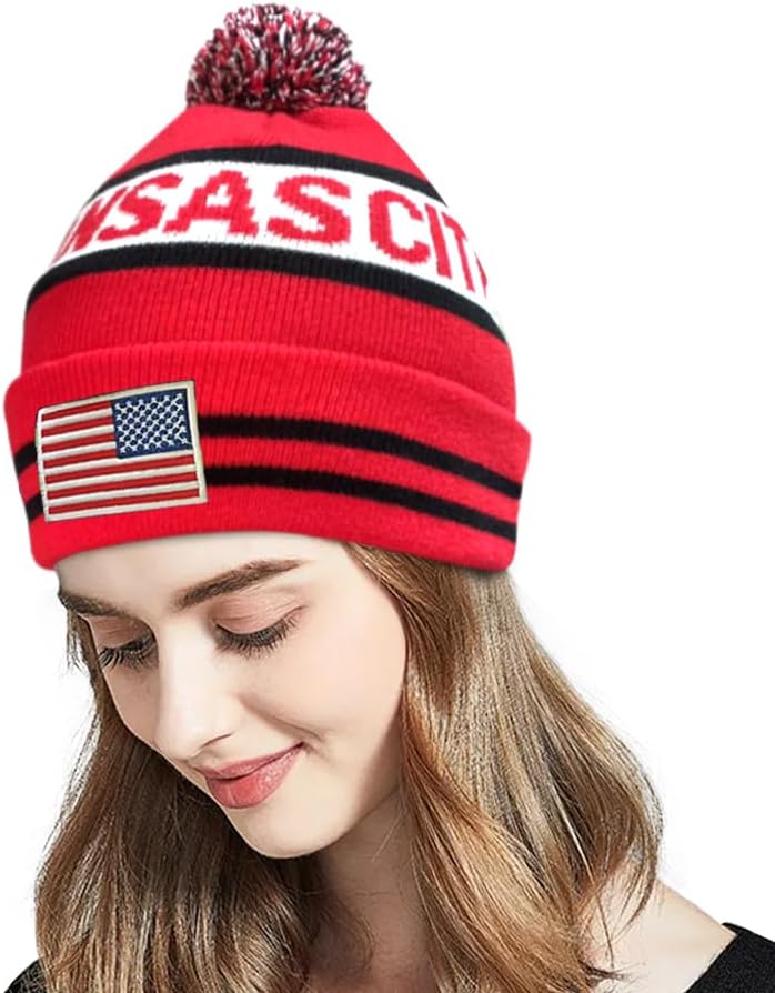 US Flag City Football Embroidery Classic Pom Cuff Kansas Beanie Hat Cuffed Winter Soft Beanie Knit Pom Hat Cap Red - Image 4