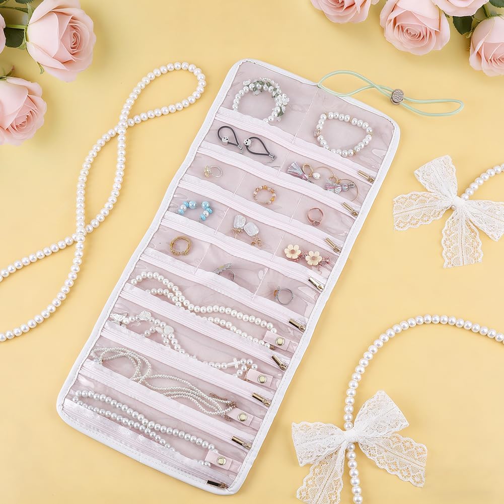 FINGERINSPIRE Travel Jewelry Organizer Roll with Zippered Pockets 9.3x2.56x2.56inch Light Green Knot Free Portable Jewelry Storage Bag with Zinc Alloy Slider Beads for Necklaces Earrings Ring Bracelet image 4