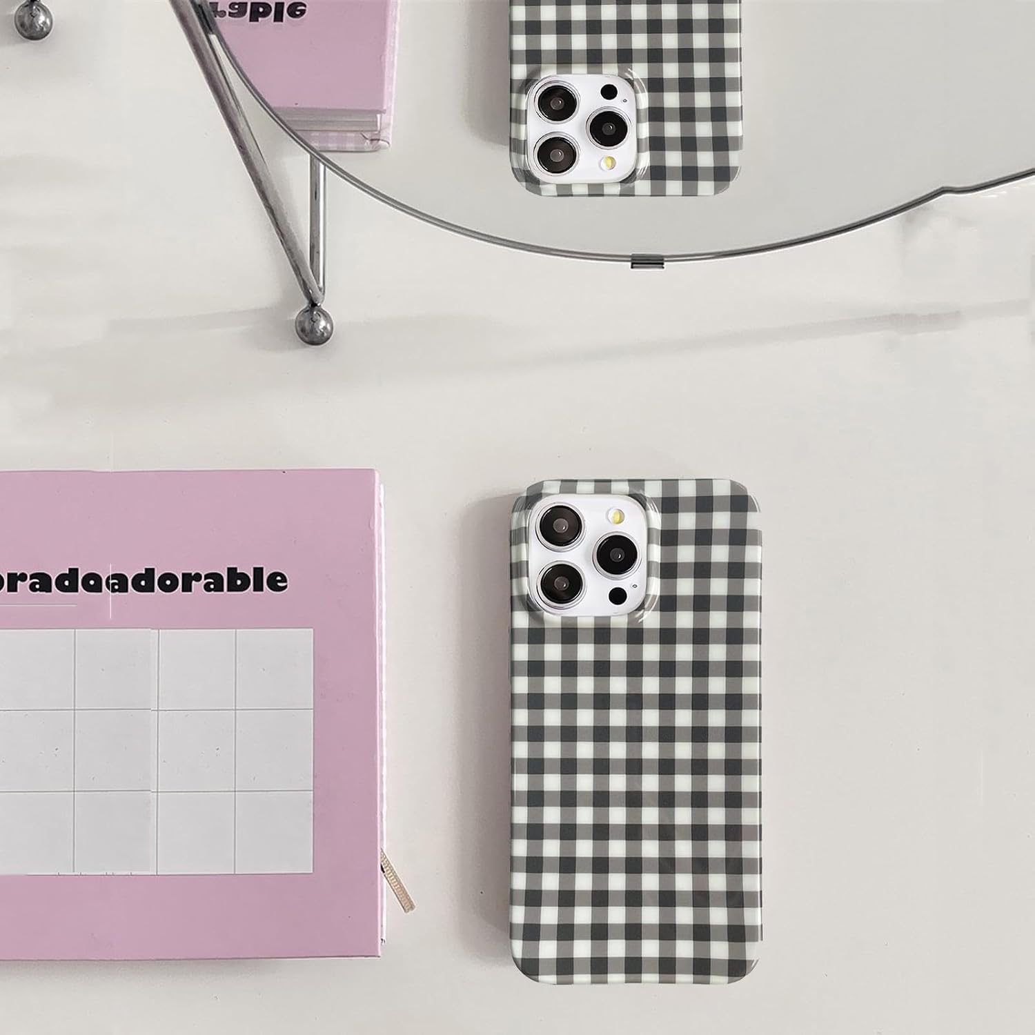 Cute Black and White Gingham Phone Case for iPhone 16 Pro - Aesthetic Checkered Design, Shockproof Slim Soft TPU Protective Cover for Women, Black image 5