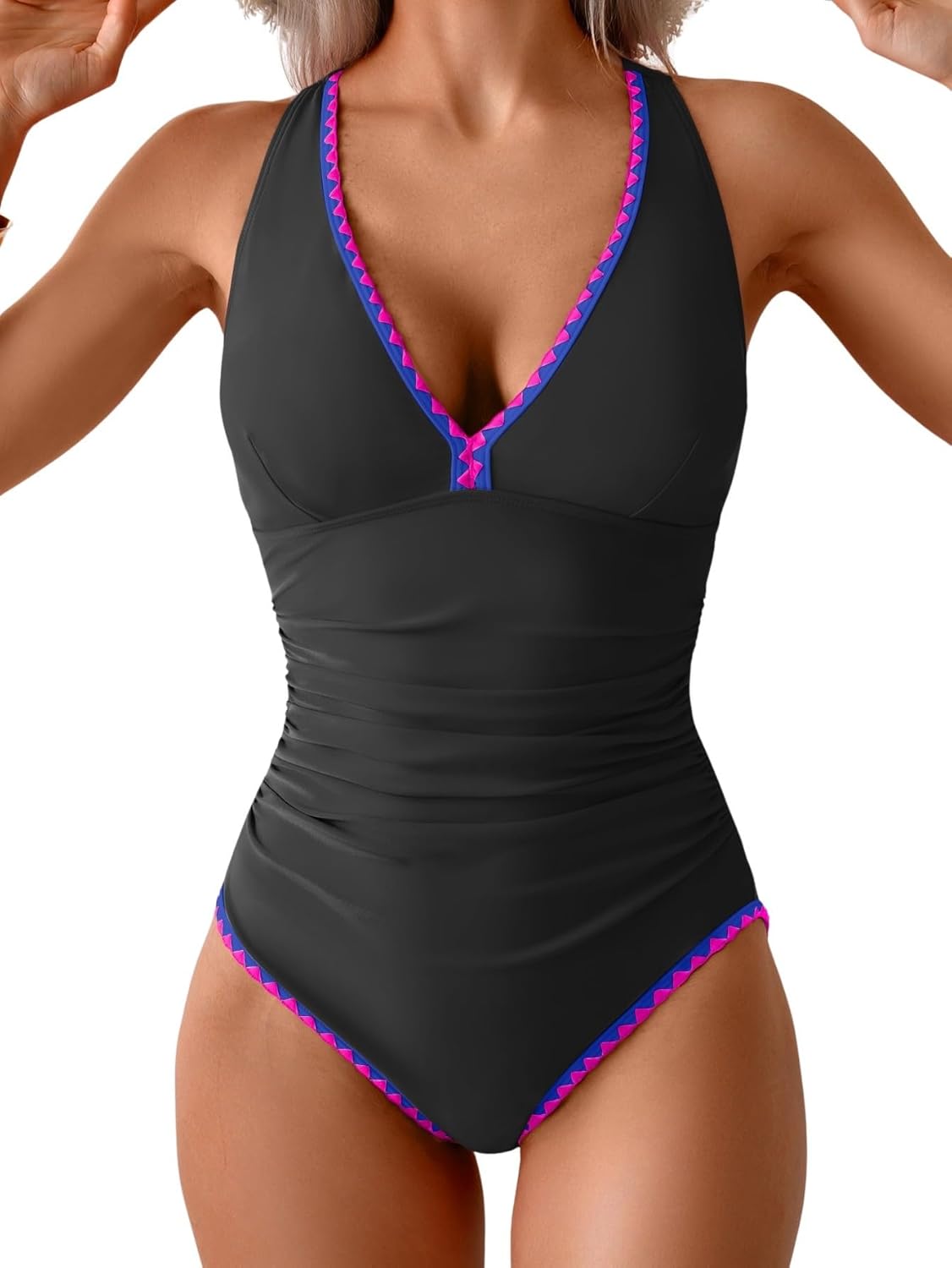 B2prity One Piece Swimsuit for Women Tummy Control Ruched Bathing Suit Push Up Tie Back Swimwear Shell Stitched