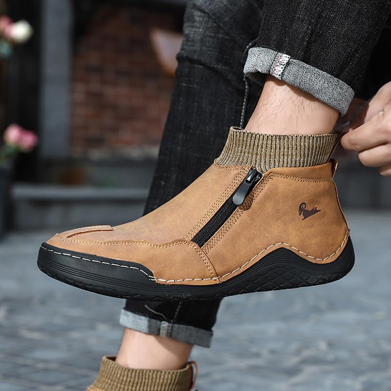 RiceelSor Men's Leather Sock High Top Loafers Hand-Stitching Side Zipper Fully Fur Lined Warm Comfort Driving Ankle Chukka Boots Non-Slip Dress Shoe4