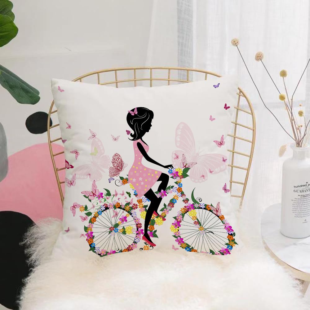 HYOSXW Cushion Cover,Throw Pillow Case Home Decorative for Living Room Bedroom Sofa Chair 16X16 Inch,Charming journey for women in bicycle，Decorative bicycle butterfly，A woman and,Pillowcase 40X40cm