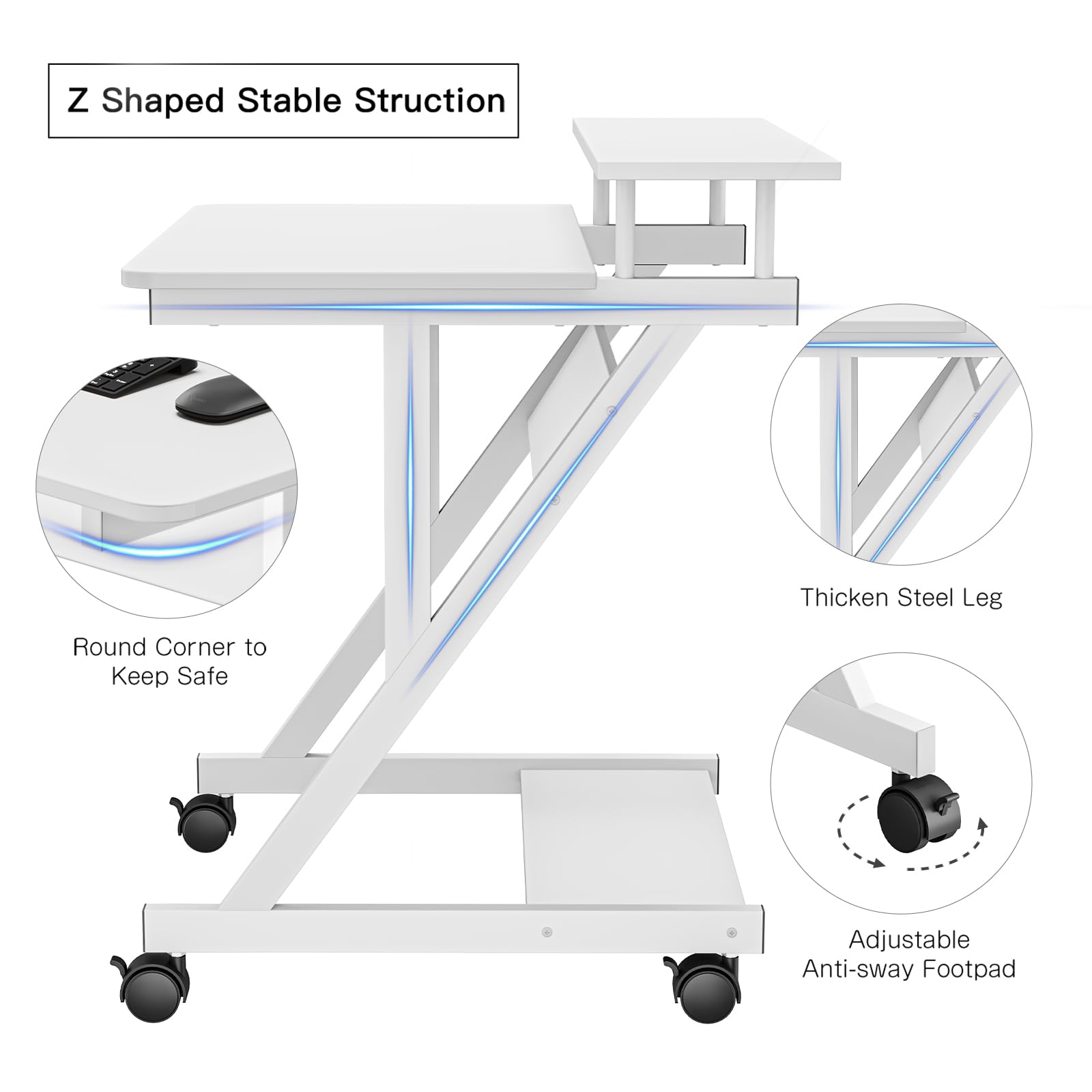 Dripex Computertisch mit Rollen Z-förmiger Schreibtisch, Mobiler Laptoptisch mit Regalen für kleine Räume, Home Office 70x60x73CM Weiß