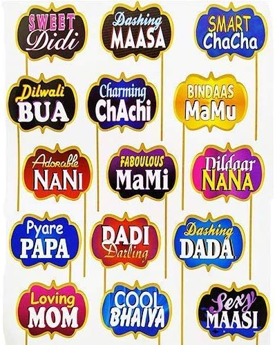 All Occasion Indian Family Photo Booth Party Props, Baby Shower Party Props for Family/Birthday Party Props for Family/Wedding Party Props for Family - Set of 15- Multi Colour