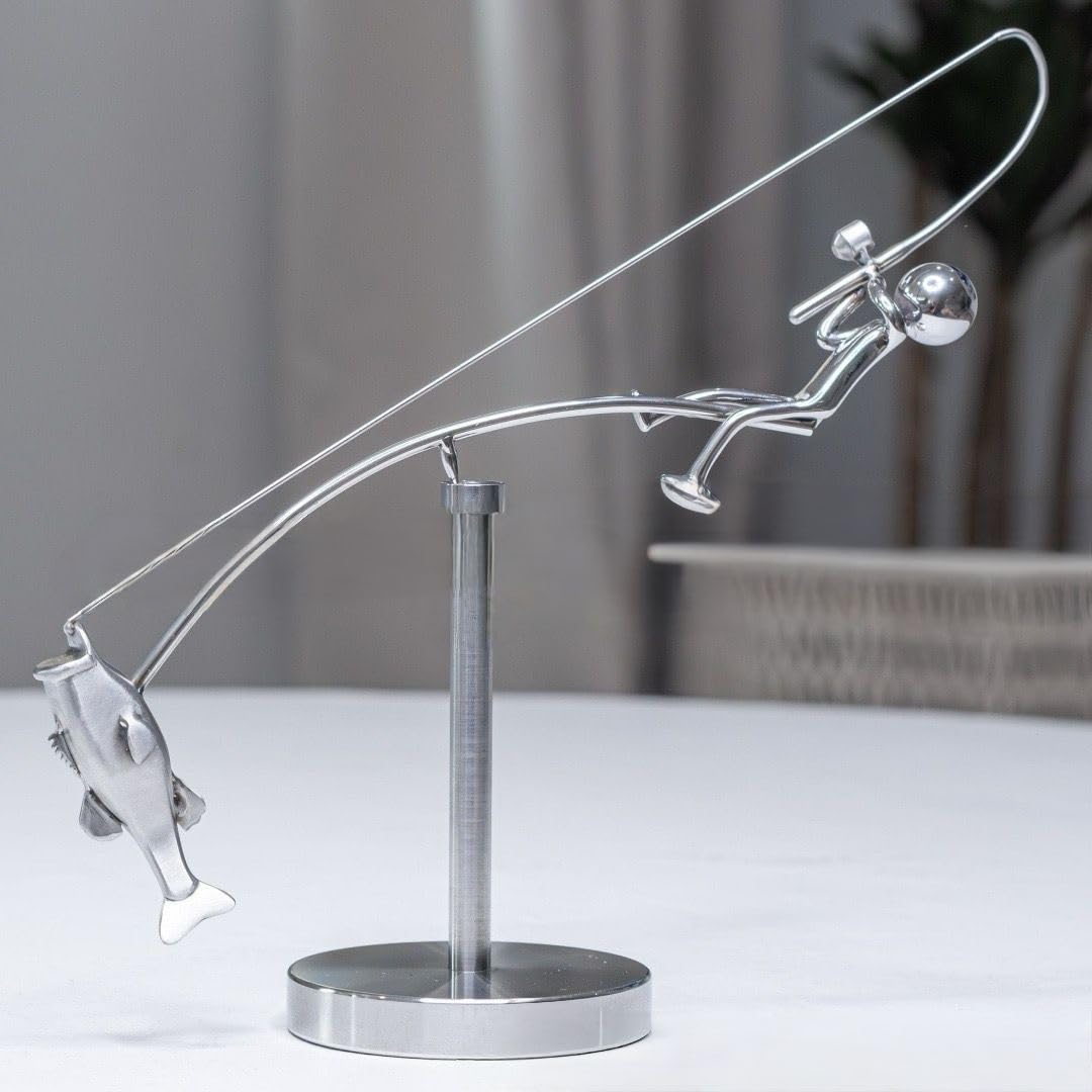 The Fisherman Balancing Sculpture,Kinetic Fishing Sculpture - Balance Art for Your Space,Fisherman Kinetic Balancing Desk Toy,Stainless Steel Balance Fishing Physics Toy