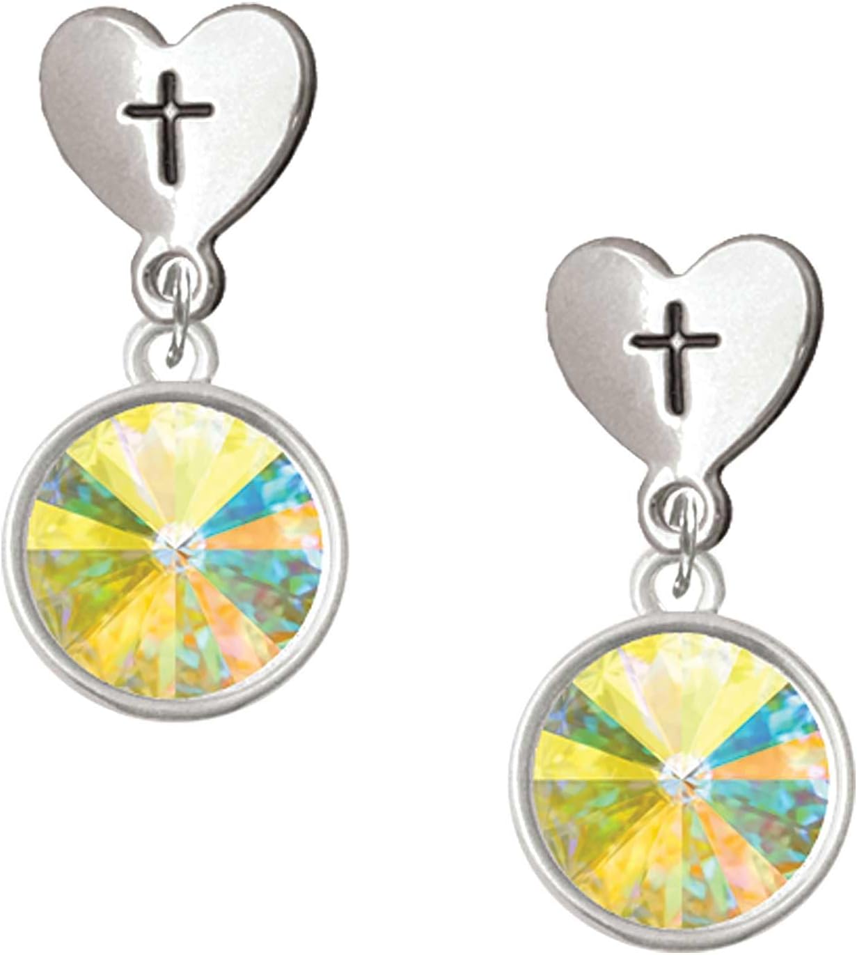 Delight Jewelry 12mm Crystal Rivoli Silvertone Cross in Heart Post Dangle Earrings