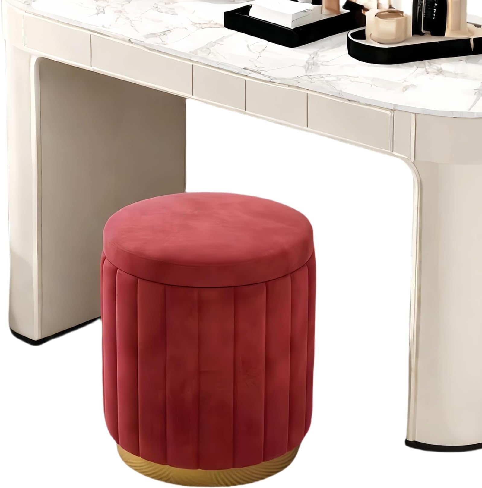 Stylish Red Velvet Round Storage Stool - Compact Makeup Ottoman & Dressing Table Chair for Bedroom Versatile Footrest Accent Furniture