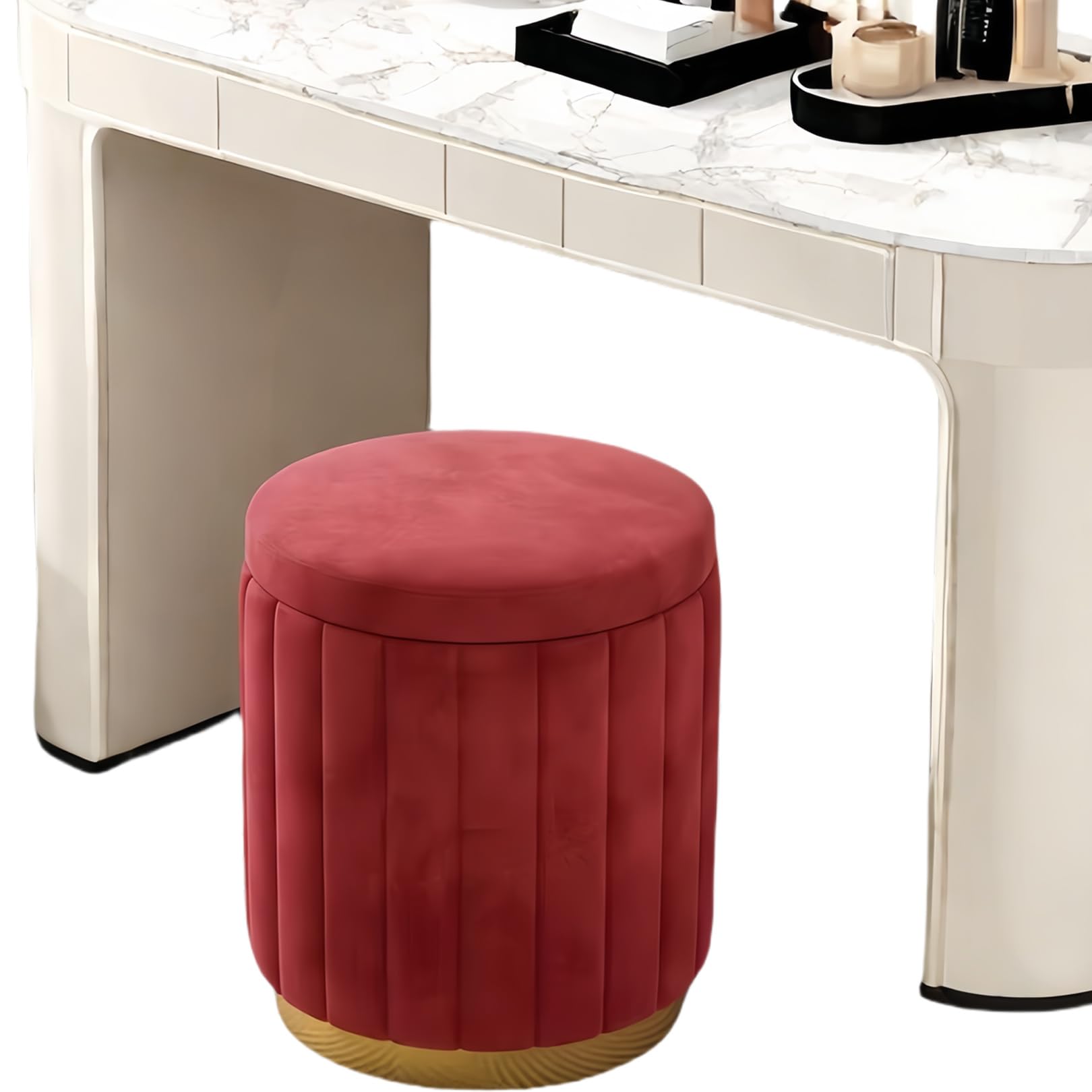 Tabouret de rangement rond beige en velours ottoman pour coiffeuse