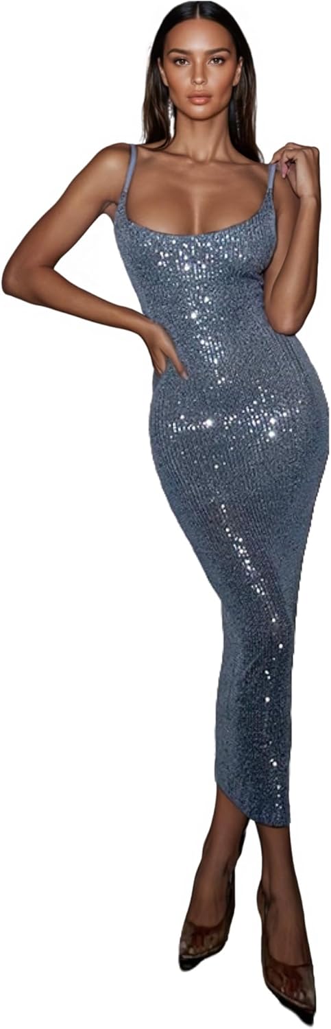 Women's Sexy Sequins Midi Dress Sexy Spaghetti Strap Long Dresses Bodycon Clubwear