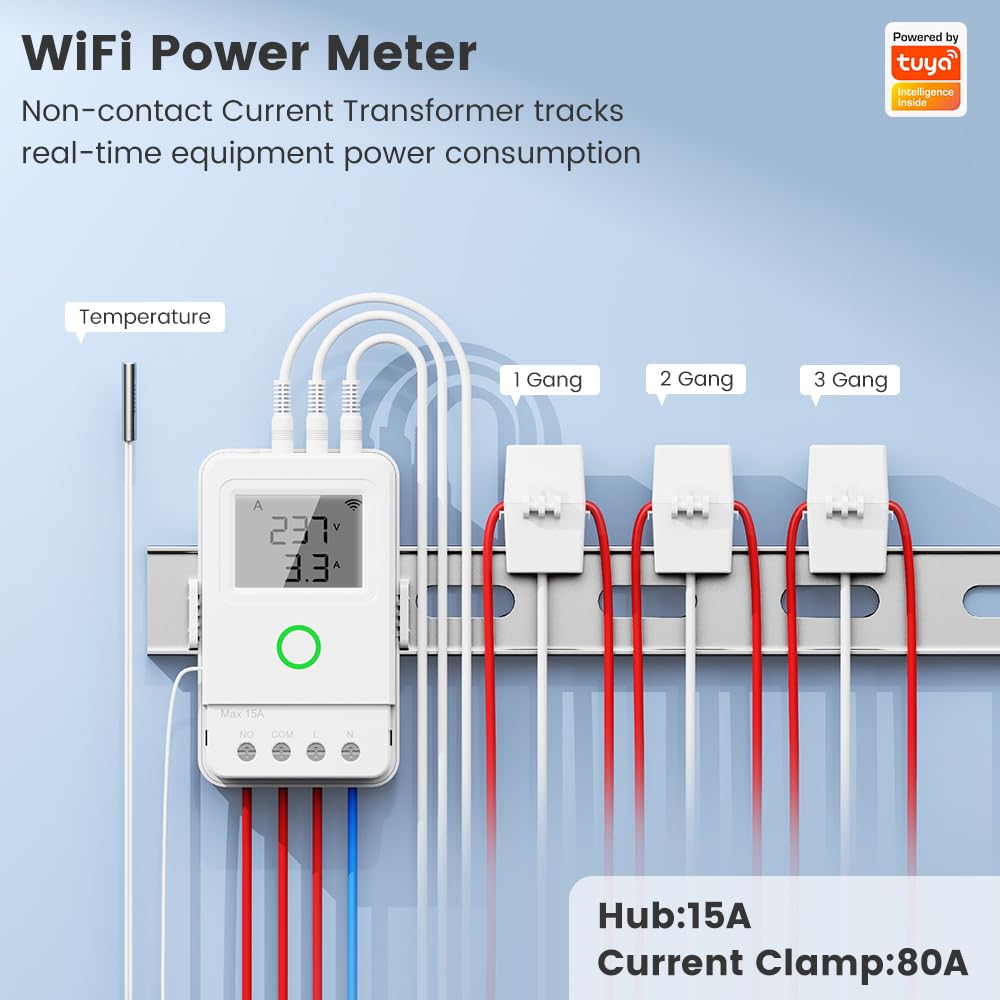 Monitor de alimentación inteligente WiFi para el hogar con sonda de temperatura, amperímetro de abrazadera, transformador de corriente CT de 3 80 A, control de aplicación, monitor en tiempo real, para
