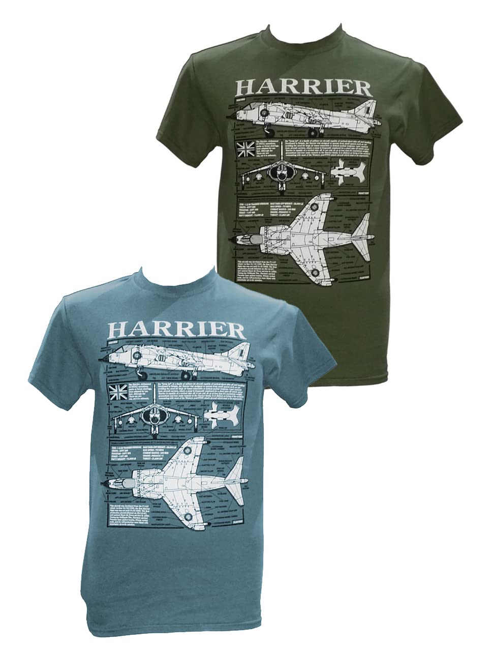 The Wooden Model Company Ltd Men's Olive Green Harrier Jump Jet Plane - Aircraft/Military T Shirt With Blueprint Design