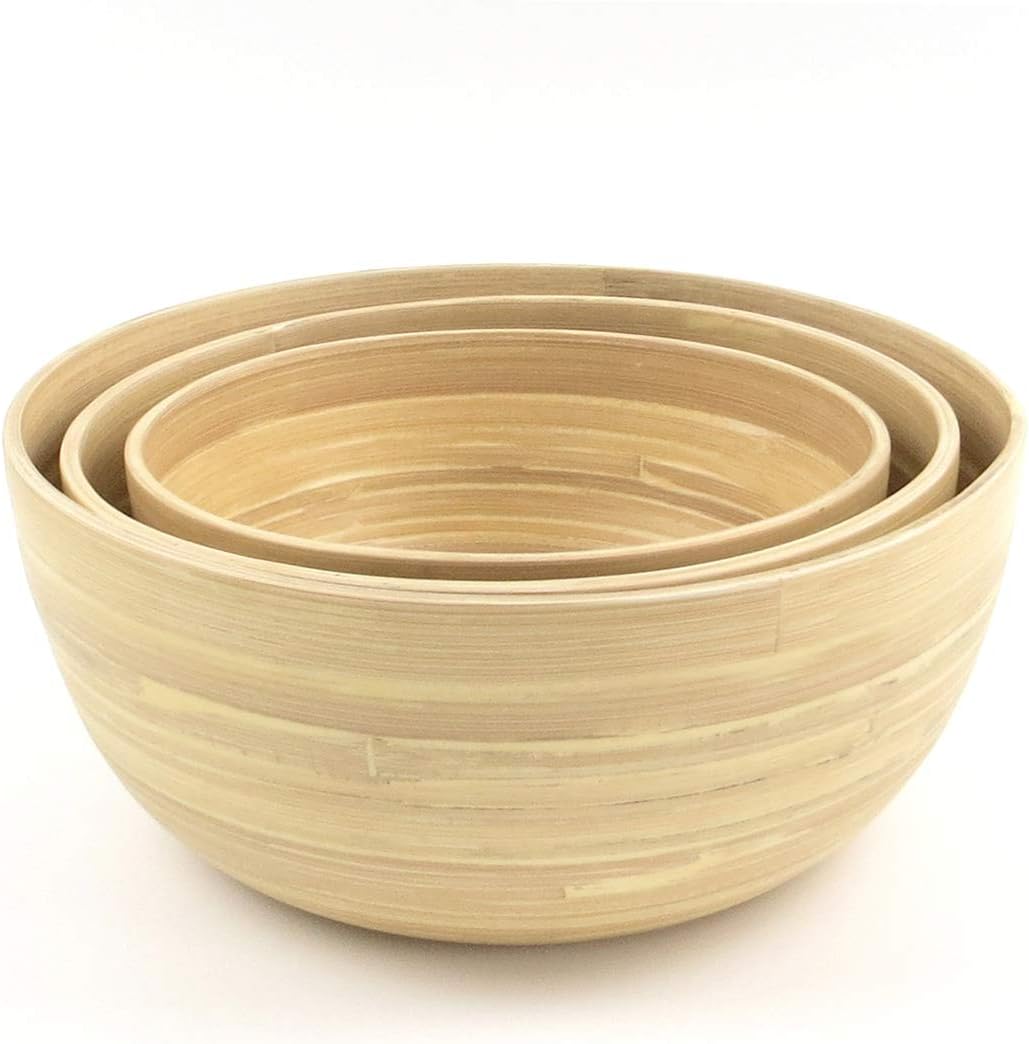 Round Bamboo Serving Bowl Set Of 3 Premium Handcrafted Made From Bamboo Eco Friendly, Light And Durable, Beautifully Shaped For Mixing Salads, Fruits Storage, Room Decoration (Matte Bamboo Natural)